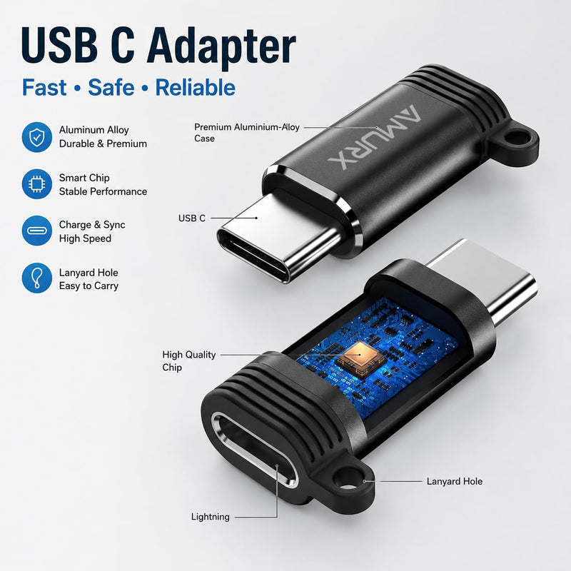 Lightning to USB C Adapter 2 Pack with Lanyards, Fast Charging, 480Mbps Data Sync, Compatible with iPhone 17/16/15 Series, iPad, Samsung Galaxy, Google Pixel, No Audio OTG Black