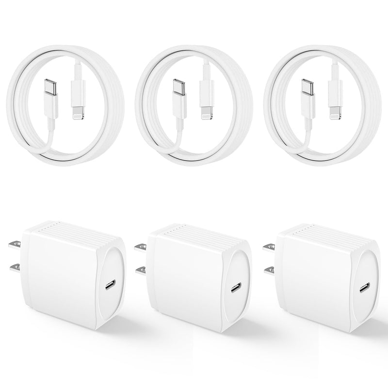 20W USB C Fast Charger 10 FT [MFi Certified] Compatible with iPhone 14 13 12 11 XS XR X 8 iPad, 3 Pack PD Wall Charger Block with 10FT Long Type C Lightning Cable (White) White