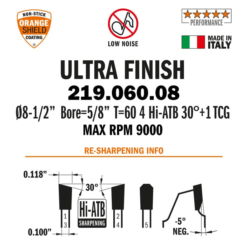 CMT Orange Tools 219.060.08 - Sliding Compound Miter Saw Blade HW D=8-1/2 B=5/8 Z60 K=0.118 P=0.100 a=-5 D 8-1/2-Inch | T 60 | B 5/8-Inch