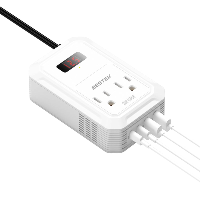BESTEK 200W Car Power Inverter - DC 12V to 110V AC Converter with 2 USB-C(30W) and 2 USB-QC(18W) - Fast Car Charger Adapter with LCD Screen, Dual AC Adapter for Laptops White