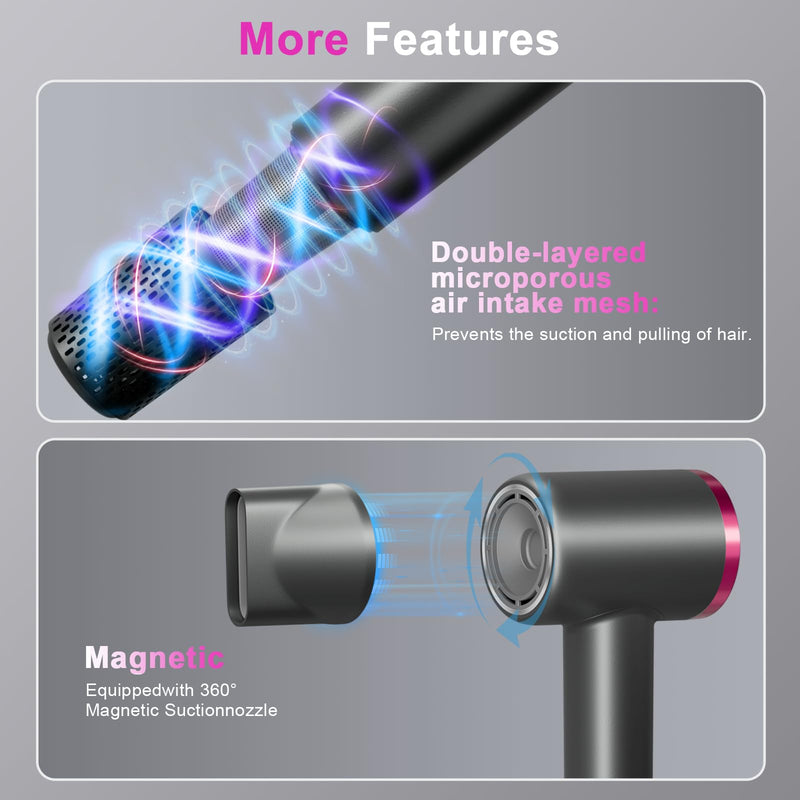 Ionic Hair Dryer 110000 RPM, 4 Heat & 2 Speed Settings with Cool Shot | 110000 RPM brushless motor for 2 mins fast drying, ionic frizz control, lightweight design, quiet 50dB low noise
