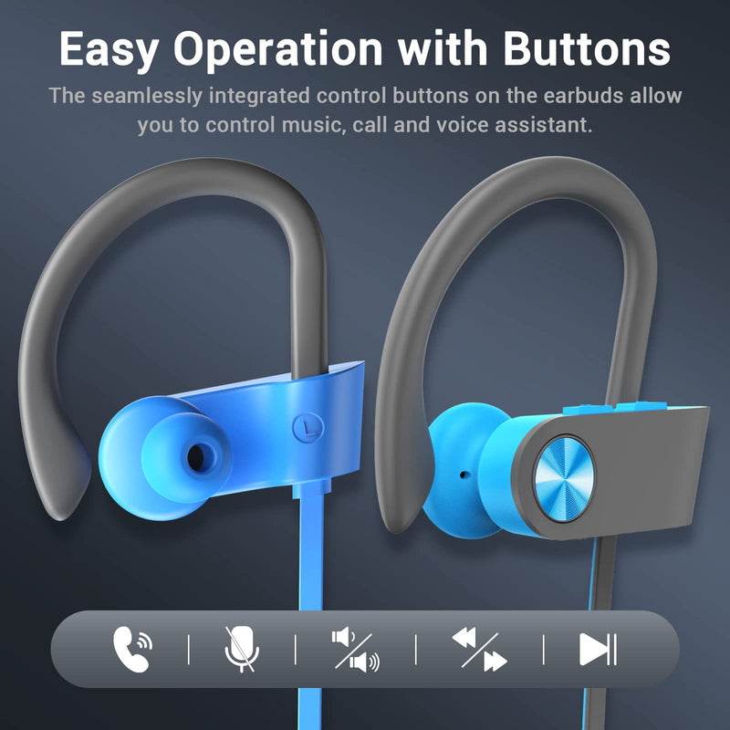 Bluetooth 5.3 Headphones, Wireless Sports In-Ear Earbuds IPX7 Waterproof | 16 Hours Playtime, Sweatproof Stereo Earphones with MIC, Noise Cancelling Headsets for Gym Running Workout, Clear Sound Blue
