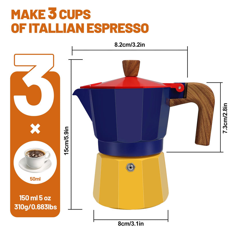 3 Cup Aluminum Espresso Stovetop Moka Pot Express Coffee Maker Percolator Italian Classic Mocha Coffee Machine for Italian and Cuban Cafe Brewing for Home & Camping 150ml 5oz Blue/Yellow 3 Cup