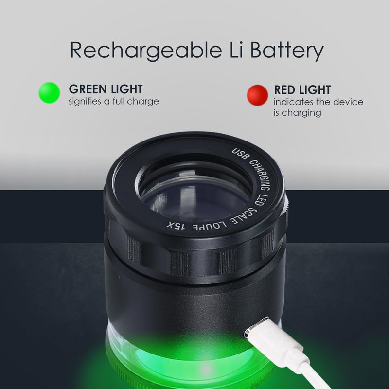 15X Jewelers Loupe with Light USB Rechargeable Metal Loupe Magnifier with Detachable Reticle Scale, 25mm Field of View, Adjustable Focus Eye Loupe Jewelry Magnifying Glass for Gems, Coins, Watches