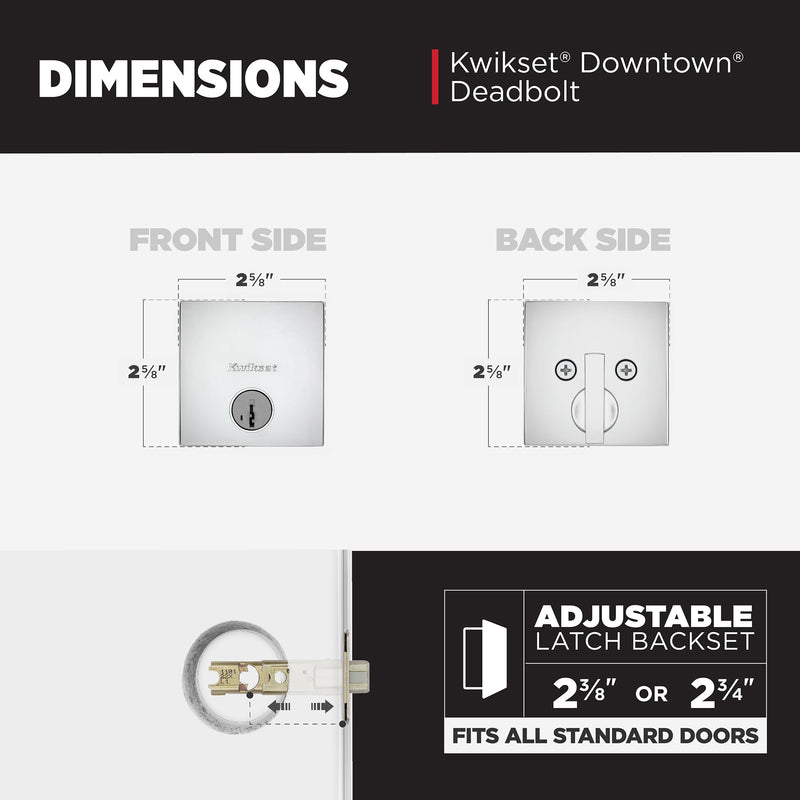 Kwikset Downtown Deadbolt Lock, Polished Chrome Square Exterior Keyed Front Entry Door, Pick Resistant SmartKey Rekey Security, Single Cylinder Dead Bolt