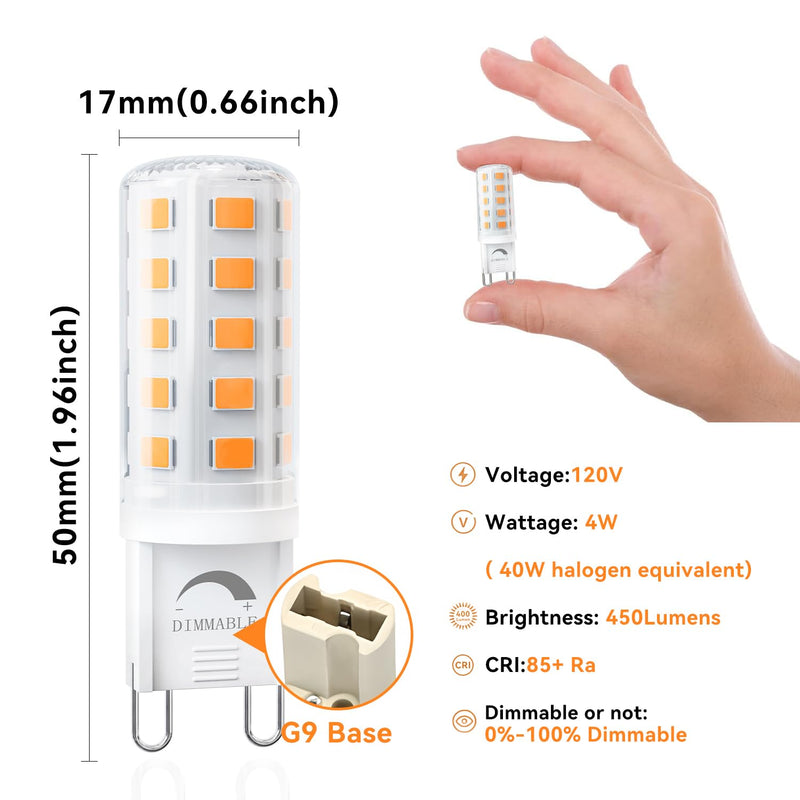 TJOY 12 Pack Dimmable G9 LED Bulb 4W Equivalent 40 Watt, 2700K Soft Warm White, T4 G9 Bi-pin Base Halogen Replacement, G 9 Socket Light Bulb for Chandelier Wall Sconce, 120V No Flicker, 450LM