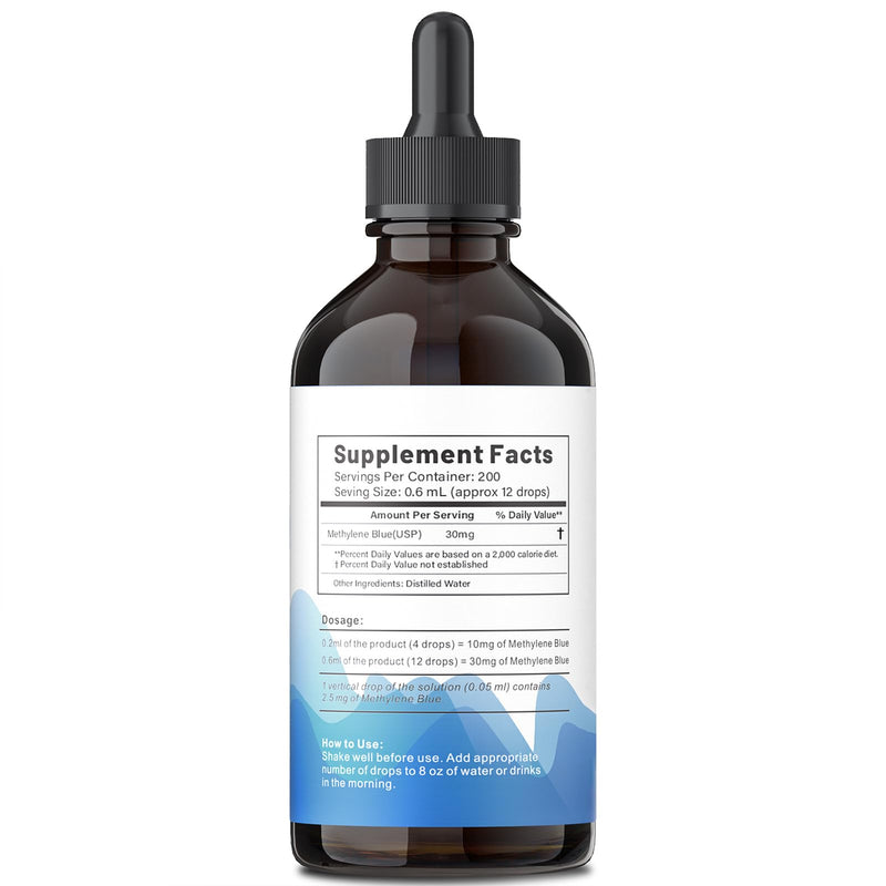 Methylene Blue Pharmaceutical Grade 4.06 fl oz (120 mL), 99% Purity Supplement for Humans, Formaldehyde-Free, Alcohol-Free, Glass Bottle