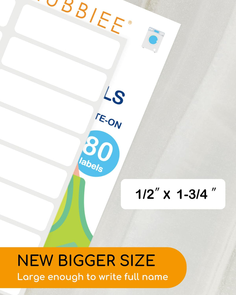 All Purpose No-Iron Kids Clothing Labels, Self-Stick Write-On Fabric Labels for Camp, School, Daycare, Nursing Care, Toys, Organizing, Washer & Dryer Safe, Pack of 80 New Bigger Size All-purpose White