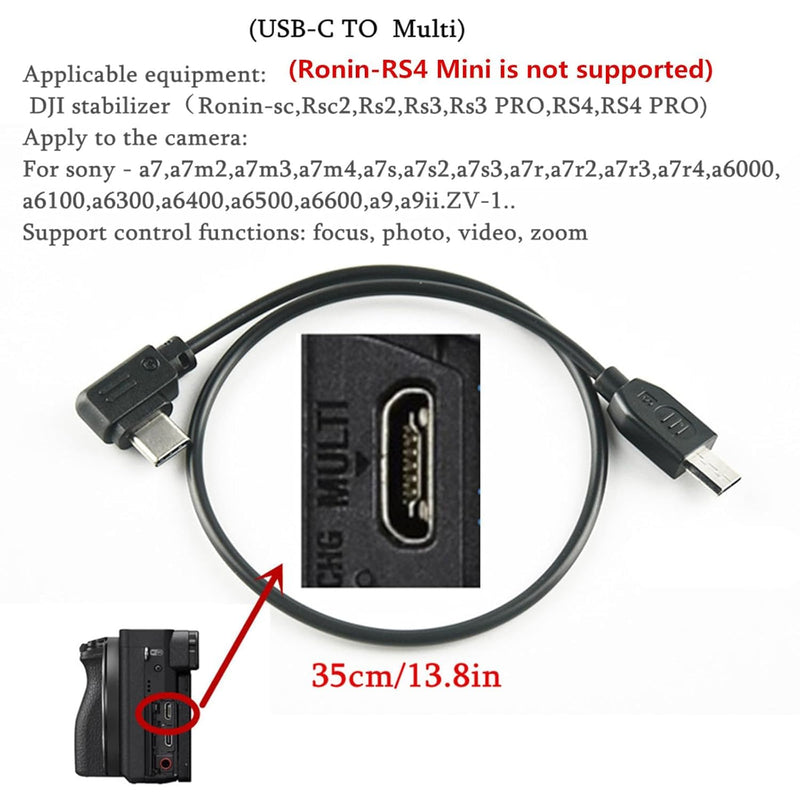 USB-C to Multi Camera Control Cable for DJI Ronin SC/SC2/RS2/RS3/RS4/RS4 Pro, Compatible with Sony A7/A7R/A7S Series, 13.8in | Connect the stabilizer to the camera to keep the camera steady and achieve better results.