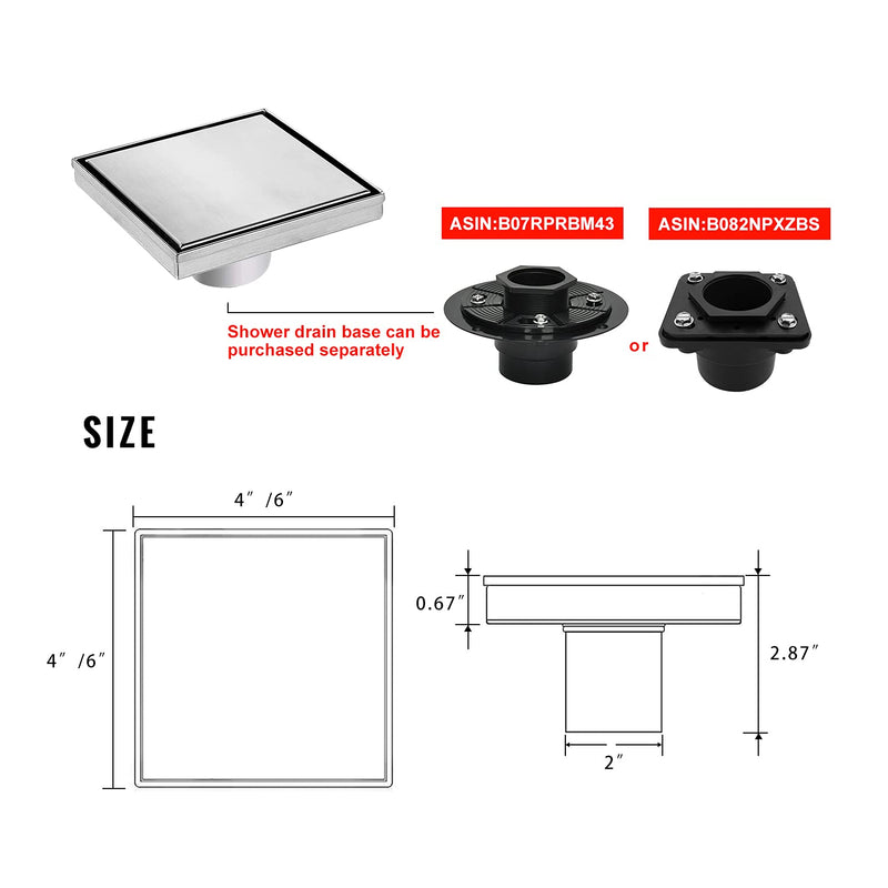 SaniteModar Shower Drain, Invisible 6 inch Square Shower Drain 2-in-1 Tile Insert Cover, 304 Stainless Steel Brushed Shower Floor Drain with Hair Catcher and Threaded Adapter Tile Insert Grate