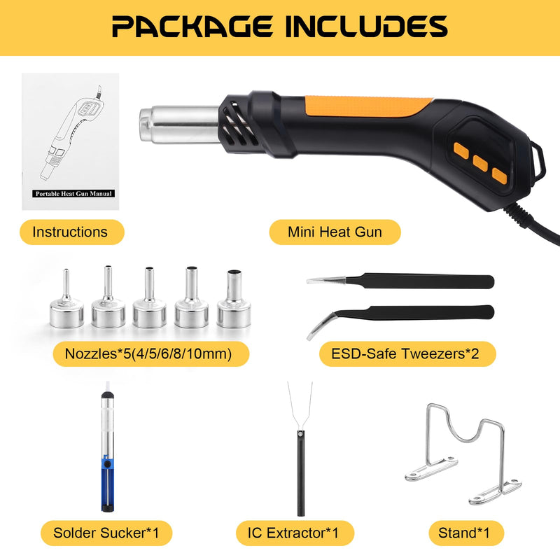 Heat Gun, 700W 212°F~932℉(100°C~500°C) Mini Soldering Heat Gun Hot Air Rework Station with LED Digital Display & 5Pcs Nozzles & 5Pcs Accessories for Crafting Shrink Tubing Electronics DIY(5FT)