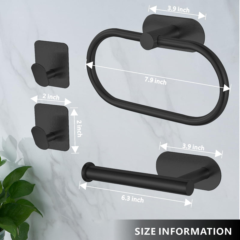 Self-Adhesive Bathroom Hardware Set, Towel Ring, Toilet Paper Holder and 2 Towel Hooks for Kitchen/Bathroom, No-Drilling Stainless Steel Bathroom Accessories, Wall Mounted, Black