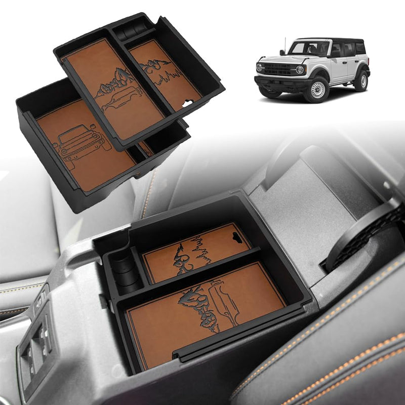 TripleAliners Center Console Organizer Compatible with 2021-2024 Ford Bronco Accessories 6th Gen Bronco 2/4-Door Center Console Storage Box ABS Material with Leather Trim(V2_Brown) V2_Brown