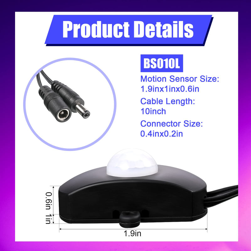 Hortsun 3 Pieces DC 5V-24V 5A PIR Motion Activated Sensor Light Switch Occupancy Motion Sensor with DC Coupler Cable for Party LED Strip Light