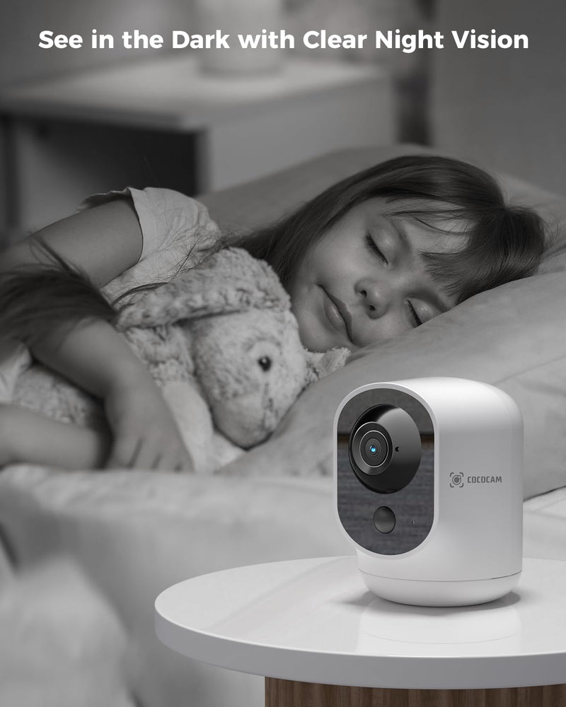 COCOCAM 2K Indoor Pan/Tilt Security Camera with 5200mAh Battery, WiFi Camera,Wireless for Baby Monitor/Pet/Home Security, AI Recognition, PIR Human Detection, 2.4G WiFi (White) white