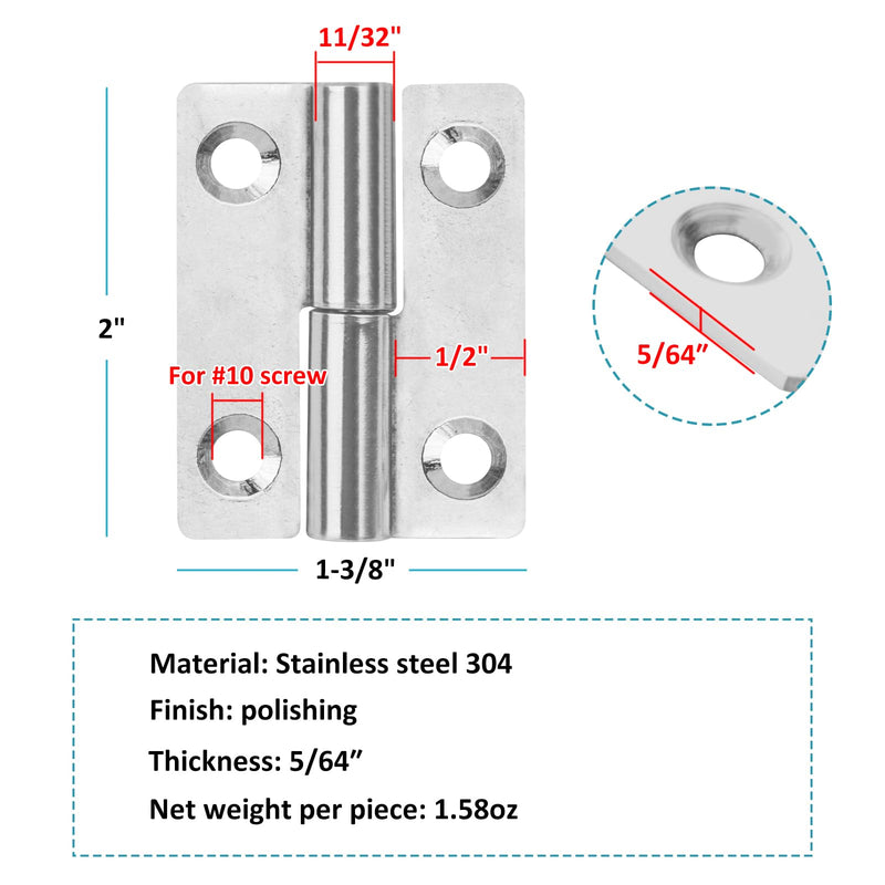 12 Pack H-Shaped Lift Off Hinge for Cabinet Door, 2" x 1-3/8", Left & Right | 304 Stainless Steel