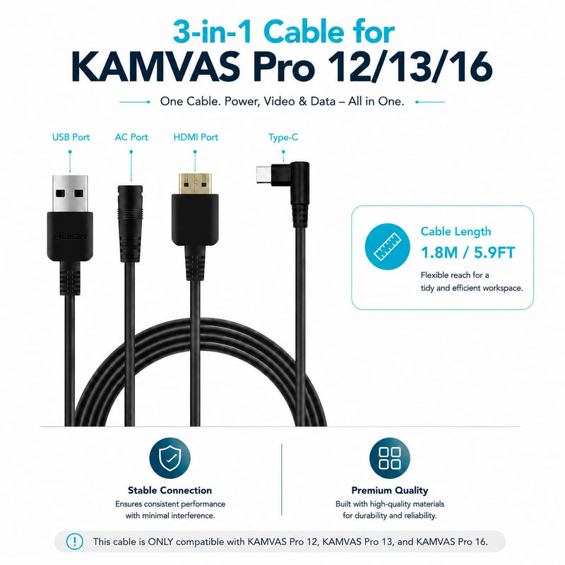 3-in-1 Cable Only for Huion KAMVAS Pro 12/13/16 Graphic Drawing Monitor