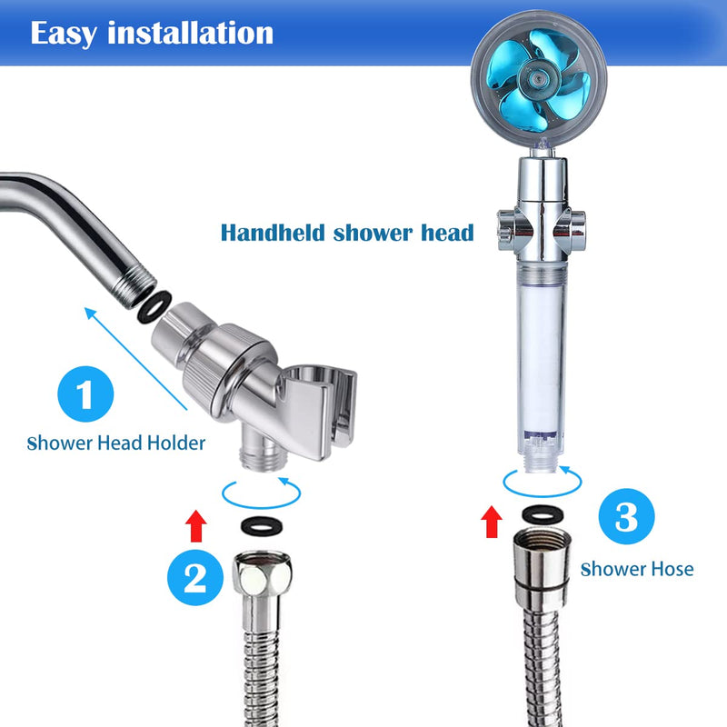 CWPW High Pressure Shower Heads, Handheld Turbo Fan Shower, Hydro Jet Shower Head with 79 Inch Hose,Bracket,Cotton Filters and Bath Loofah, One Key Pause Switch 360 Degrees Rotating (Blue with hose) Blue with hose