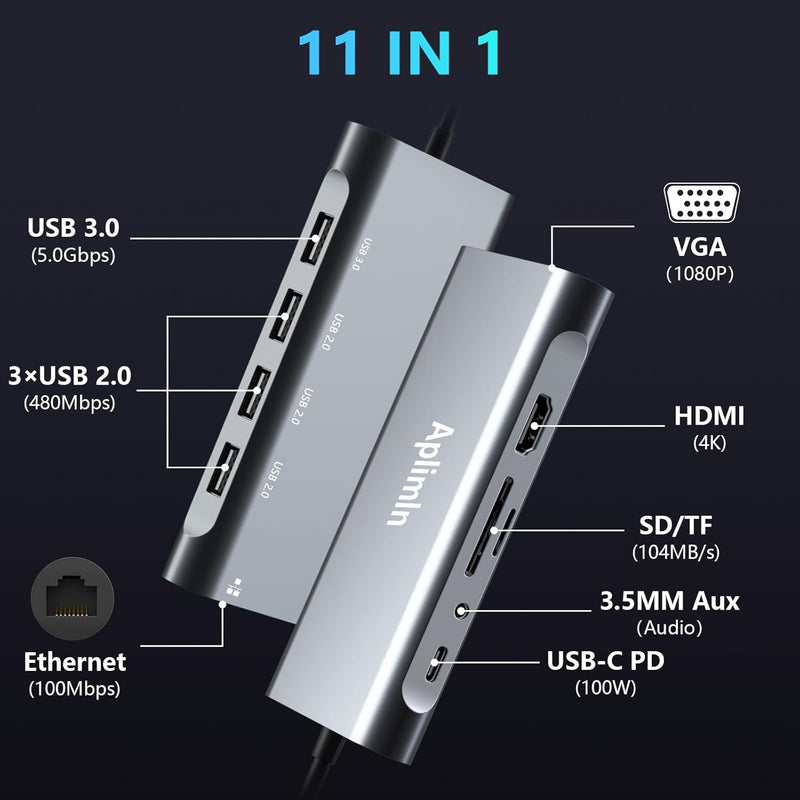 USB C HUB, USB C Adapter 11 in 1 Dongle with 4K HDMI, VGA, PD 100W, 1 X USB 3.0, 3 X USB 2.0 Ethernet, SD/TF Card Reader, 3.5mm Headphone Jack for iPhone 16/15 MacBook Pro/Air, Other Type C Laptops