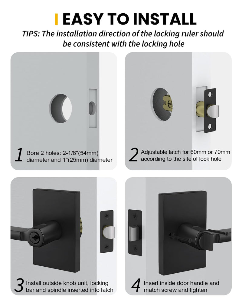 Goldenwarm Matte Black Entry Door Handle with Keyed Lock, Zinc Alloy Black Door Lever for Office & Storage & Entry Door, Adjustable & Reversible, Interior or Exterior Use - 1 Pack