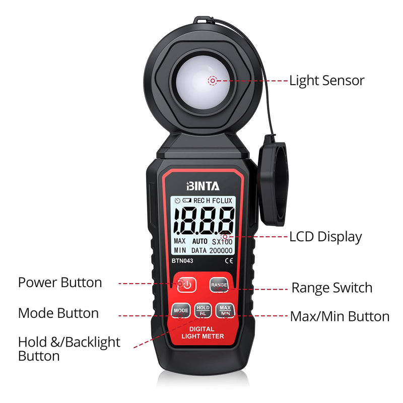 BINTA Handheld Digital Light Meter, Lux FC Illuminance Meter 0~200,000 Lux | 4 Digit Backlit LCD, Rotatable Sensor Max/Min Data Hold Auto Record Tester for Plants Photography Car LED Lights
