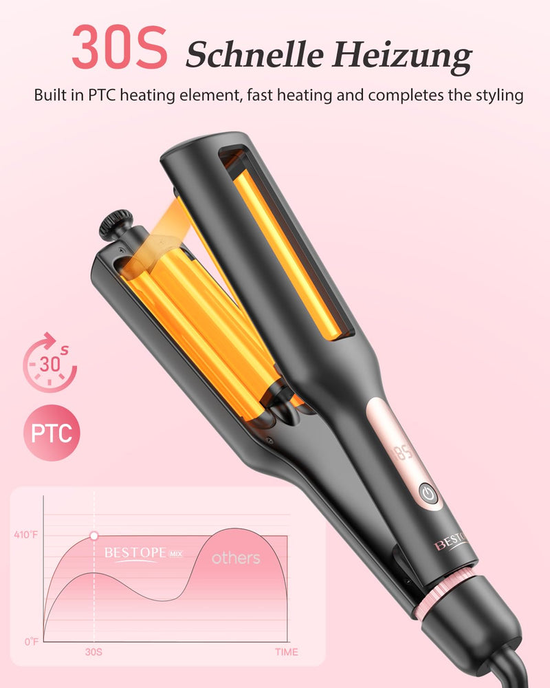 4 in 1 Adjustable Wave Curling Iron - 22/25/32/38mm Ionic Beach Waver Hair Curler with Ceramic Electrical Coating, Anti-Scald, 30S Heat Up, Digital Display, 4 Temperature(140°C-210°C), Black+Rose Gold