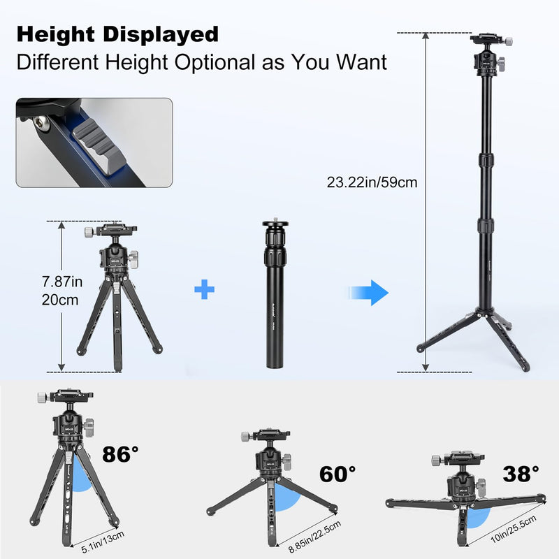 Koolehaoda 3-in-1 Mini Tripod Selfie Stick with Ball Head for Camera Phone | Cold Shoe Mount, 360° Rotation, Extension Pole 7.87"-23.2", Mantis Hook, Aluminum 480g, for Vlogging DSLR Action Cam Travel