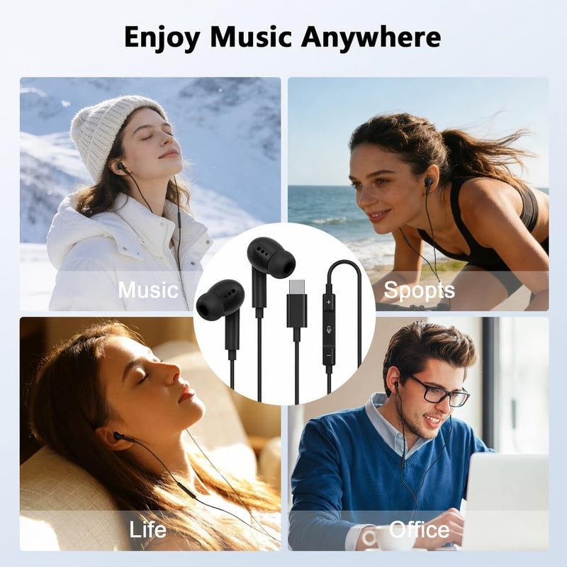 [Apple MFi Certified] USB C Headphones for iPhone 17 16 15 Pro,Wired Earbuds with Mic & Volume Control,Noise Cancelling Type C Earphones in-Ear for iPad Pro/Air,Galaxy S25 26 Ultra,Pixel 9,MacBook C black