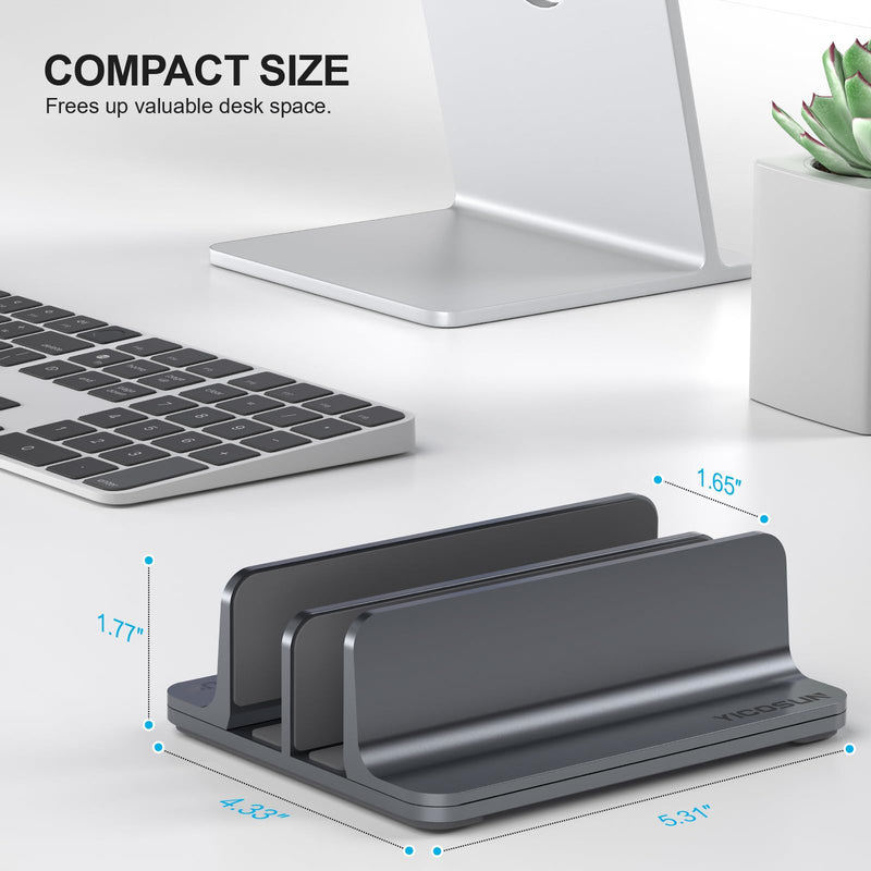Dual-Slot Aluminum Vertical Laptop Stand for Desk - Adjustable Width Dock for MacBook, Surface, Samsung, HP, Dell up to 17.3 inches - Space-Saving & Protective Design - Gray 2-Slot