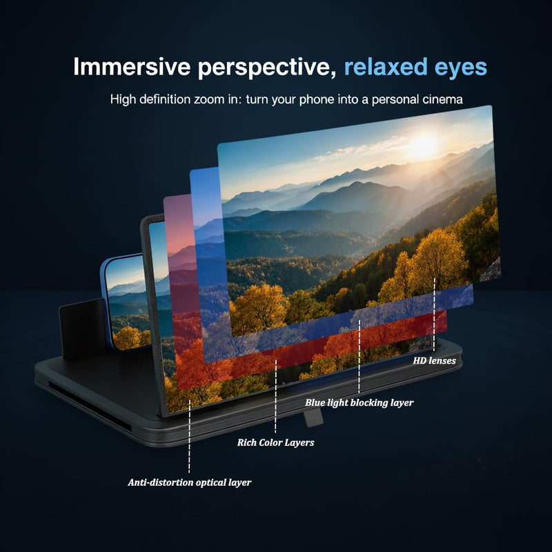 Screen Magnifier for Cell Phone with Adjustable Stand, Foldable Phone Screen Magnifier for Movies & Videos, Hands-Free Viewing, Compatible with All Smartphones (Black, 14'') Black 14''