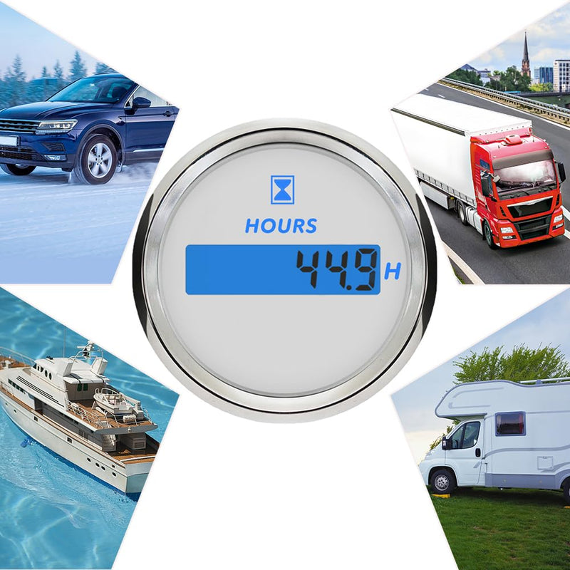 2 Inch/52mm Engine Hour Meter 0-99999.9H Adjustable Hourmeter 12V 24VDC for All Cars Boats (White&Silver) White&Silver