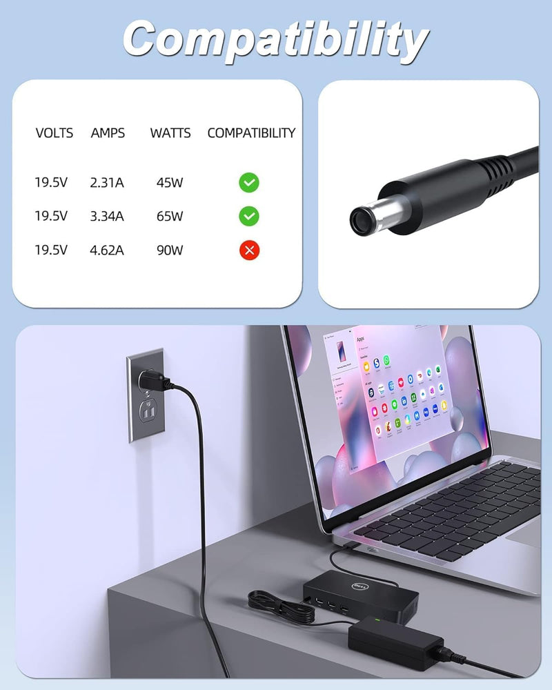 65W Power Adapter Compatible with Dell Ultra HD/4K Triple Display Docking Station D3100 D1000 5M48M 452-BBPG 5RR7X Replacement for Docking Station Power Supply.