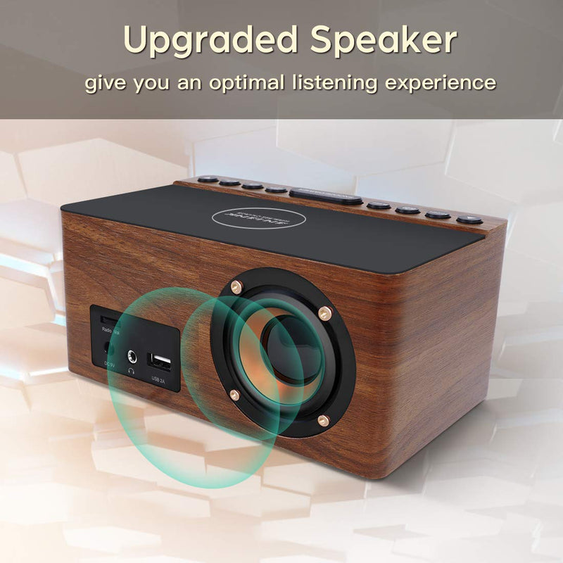 ANJANK Wooden Digital LED Alarm Clock FM Radio, Fast Wireless Charger Station for iPhone/Samsung Galaxy, 5 Level Dimmer, USB Charging Port, 9 Sounds, Sleep Timer for Bedroom, Bedside, Desk Brown
