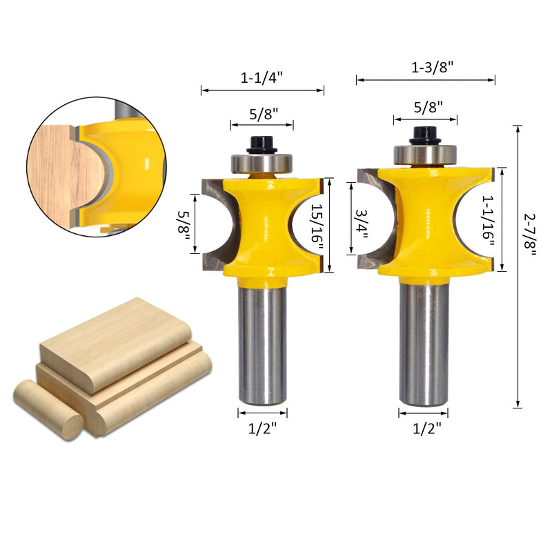 Bullnose Router Bit Set, Wolfride 1/2-Inch Shank 5pcs Half Round Router Bits |Diameter 1/4" 3/8" 1/2" 5/8" 3/4"