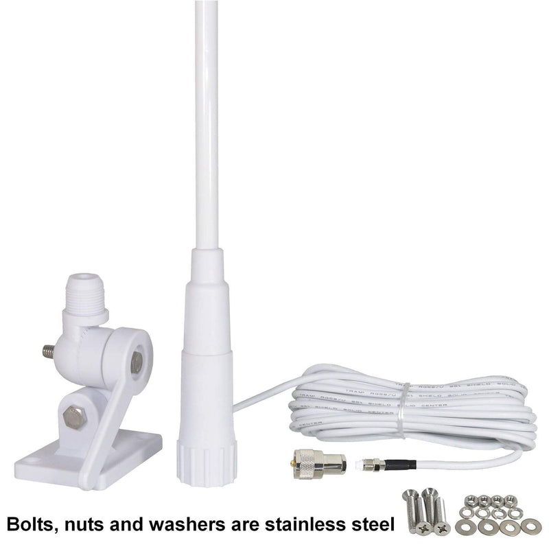 Tram® Pretuned VHF 3-dBd-Gain Marine Rachet-Mount 46-in. Fiberglass Antenna with RG58 Cable and FME-Female Connector with PL-259 Adapter