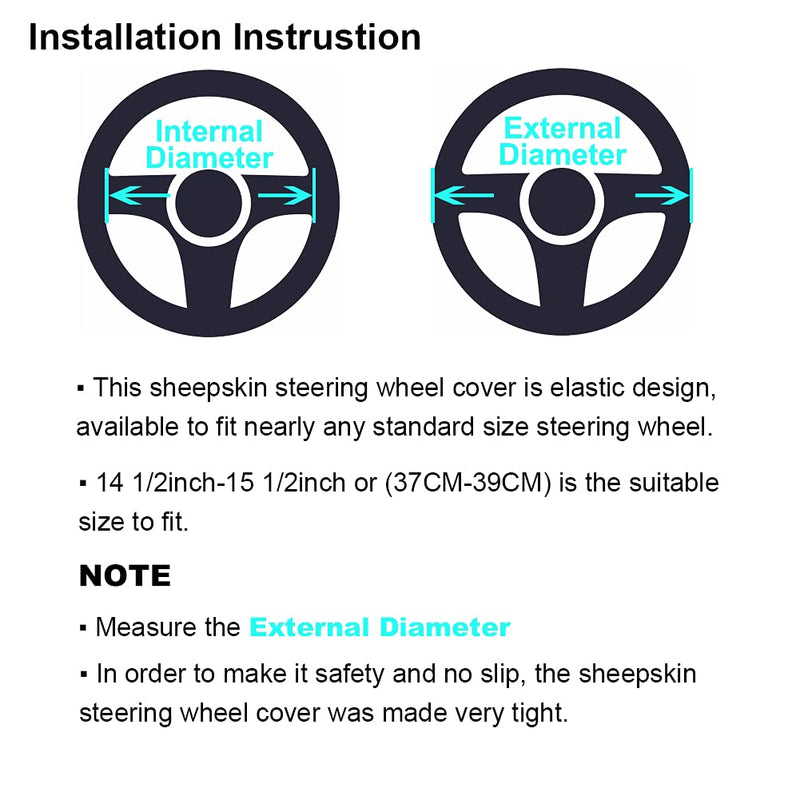 3Pcs Set Fashion Fluffy Fuzzy Wool Fur Soft Car Steering Wheel Cover with Handbrake Cover & Gear Shift Cover for Women/Girls/Ladies Auto Long Wool Accessories Black