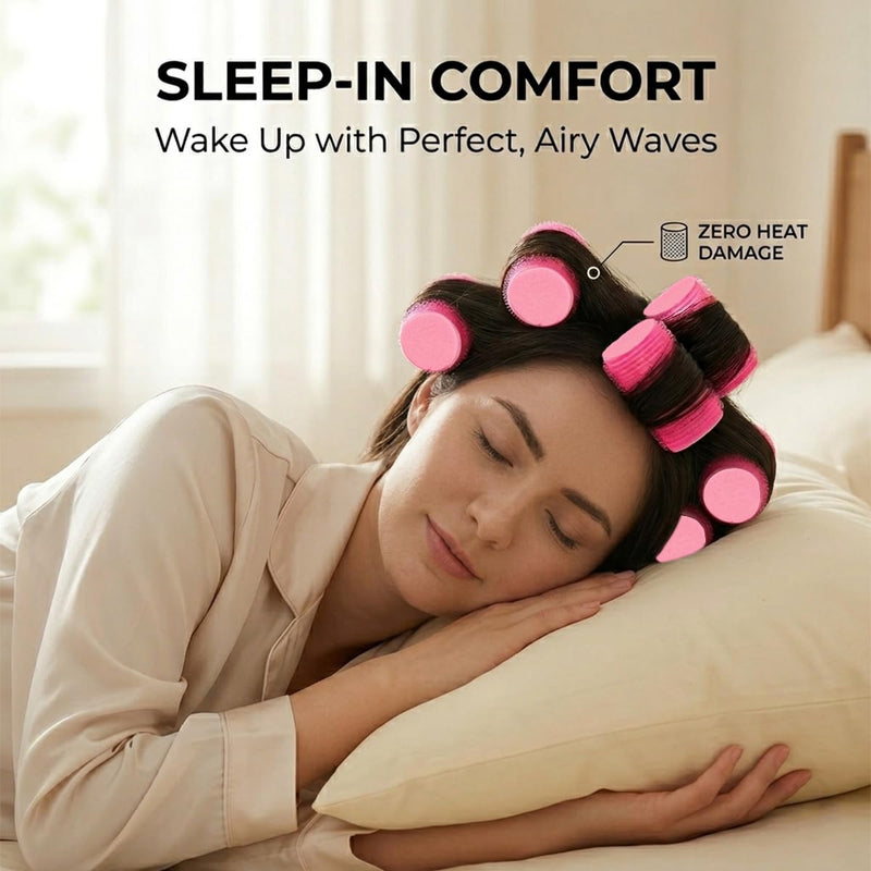 8 PCS No Hair Breakage Rollers, Large Self Grip Hair Curlers for Crown Volume, Heatless Sponge Sleep in Rollers, Volumising Velcro Hair Styling Tools for Long Short Hair, Pink