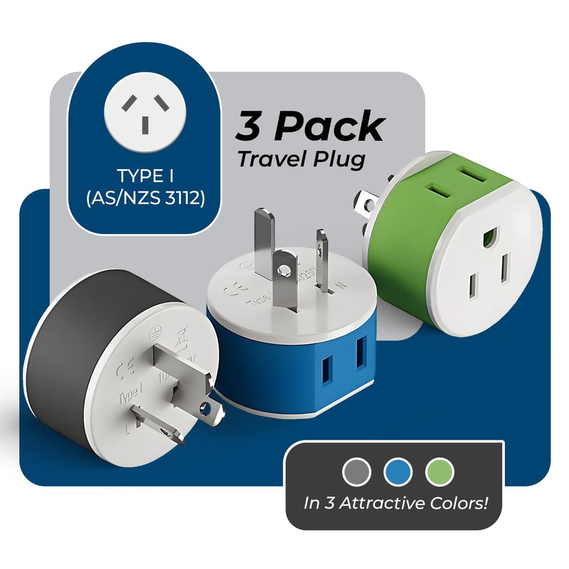 OREI Australia, New Zealand, China Power Plug Adapter with 2 USA Inputs - Travel 3 Pack - Type I (US-16) Safe Grounded Use with Cell Phones, Laptop, Camera Chargers, CPAP, and More Type I Australia,New zealand