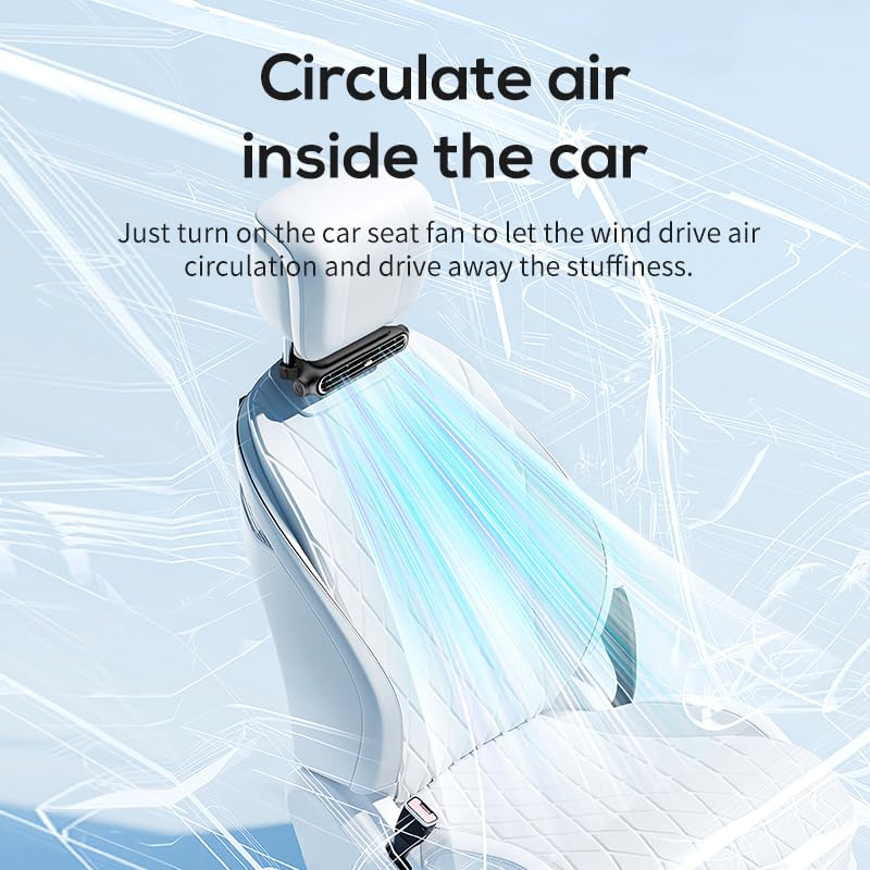 Car Seat Fan for Car Headrest, USB Cooling Fan, 3-Speed, Black | 3000mAh battery car fan with adjustable airflow for backseat kids, drivers, SUVs, vans and RVs.