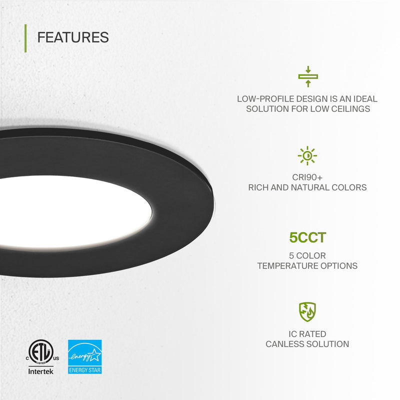 ASD 6 Pack 3 Inch LED Recessed Light 6W, 5 CCT 2700K-5000K CRI90+, IC Rated Ultra Thin Dimmable Ceiling Lights with J Box, Canless Wafer Downlight, Round Slim Panel Lighting, Energy Star ETL, Black 3 Inch 6 Pack