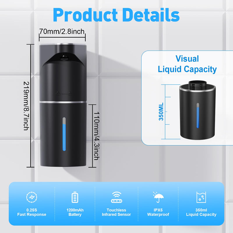 Automatic Soap Dispenser,Touchless Hand Wall Mount Rechargeable 3 Gear Adjustable Electric Soap Dispenser 350ml with Infrared Motion Sensor for Bathroom,Kitchen,Office, Black Gel