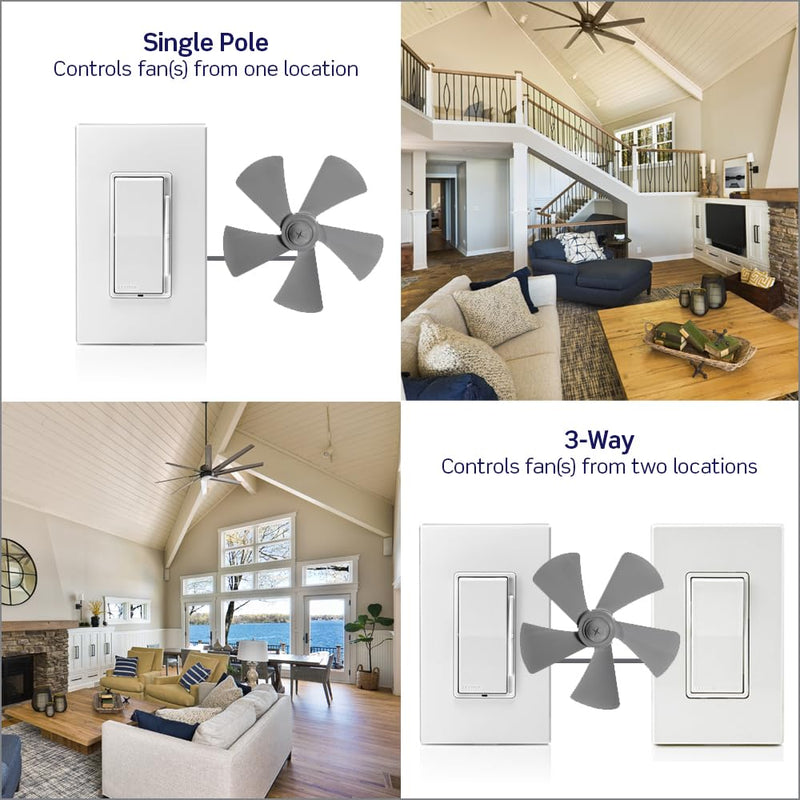 Leviton Decora Slide Ceiling Fan Wall Switch, Quiet 3-Speed Fan Control, 1.5 Amps, DSF01-10Z, White with Ivory and Light Almond Faceplates 1 Pack