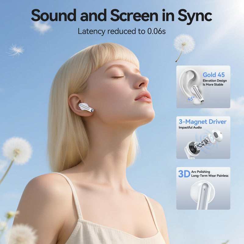 Wireless Earbuds, Bluetooth 5.4 Headphones HiFi Stereo with 4 HD Mic, 50H Playtime Bluetooth Earbuds with Dual LED Display, IPX7 Waterproof Wireless Earphones, Touch Control Ear Buds,USB-C,White White