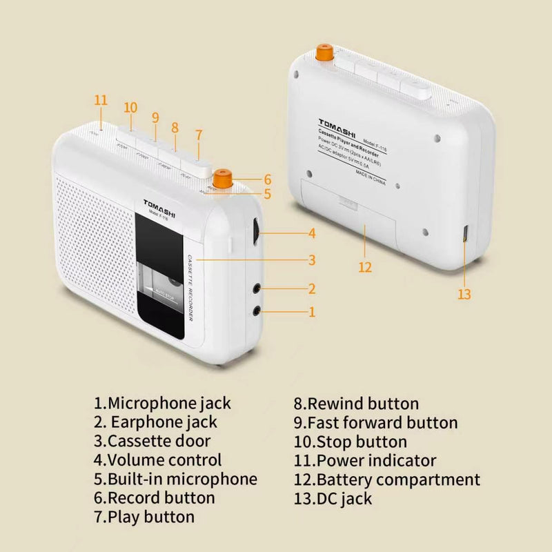 TOMASHI Portable Cassette Player, Tape Recorder, with Build in Microphone/Speaker/Headphone Jack. Fast Forward, Fast Rewind, Auto-Stop