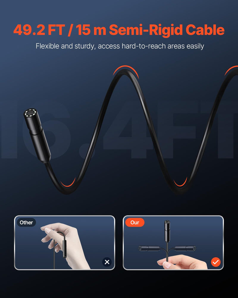 VEVOR Endoscope Camera with 49.2FT Semi-Rigid Cable, 1920P HD Borescope for Android & iOS, Industrial Inspection Tool with Light - 8 LED, 2X Zoom, IP67 Waterproof Snake Camera for Auto, Plumbing