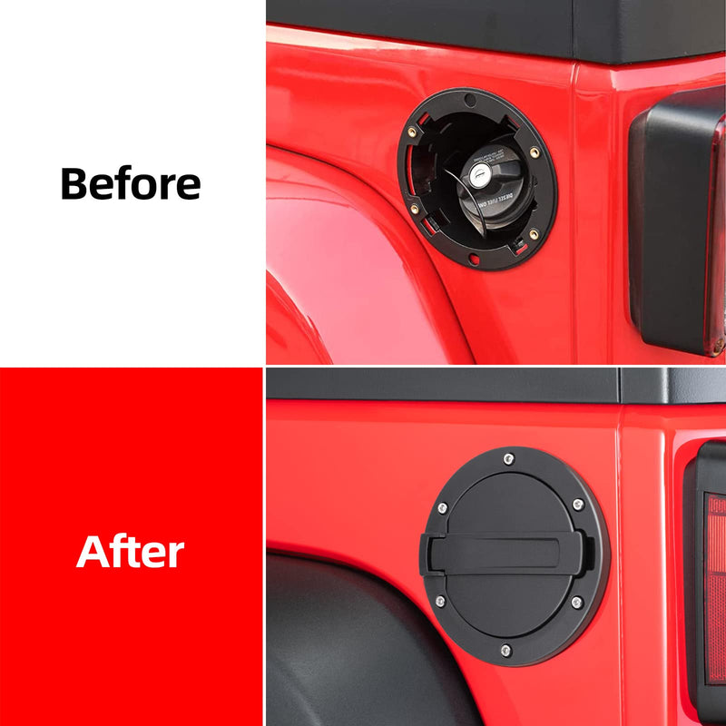 Fuel Filler Door Cap Black Gas Cover Cap Compatible with Jeep Wrangler 2007-2017 JK & Unlimited 2 door and 4 door + US Flag stickers cross bar Accessories，Aluminum+ABS Accessories