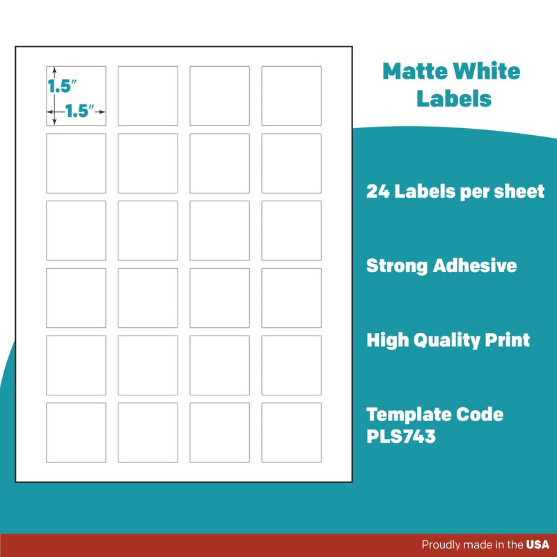 Premium Label Supply White Sticker Square Labels – 1.5" x 1.5" – Laser/Inkjet Compatible – (24 per Sheet), 25 Sheets – 600 Total Adhesive Labels 600 Labels