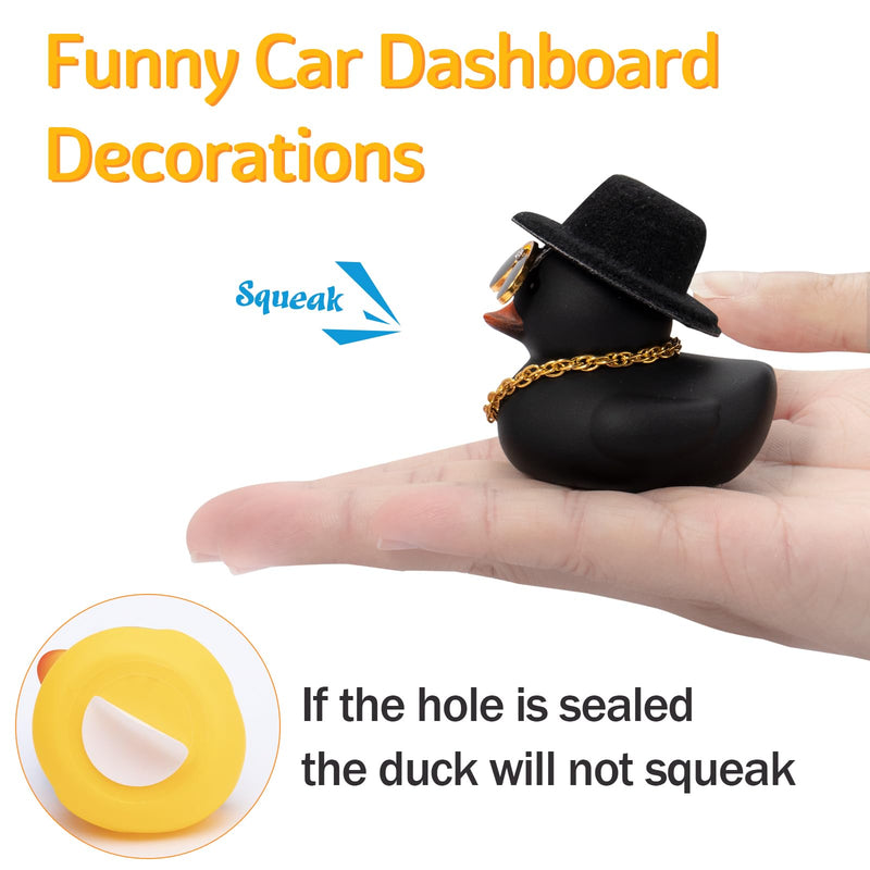 wonuu Car Dashboard Rubber Duck Ornament, Car Decoration Colour Ducks Accessories with Mini Hat Necklace and Sunglasses, M-Black-Top Hat