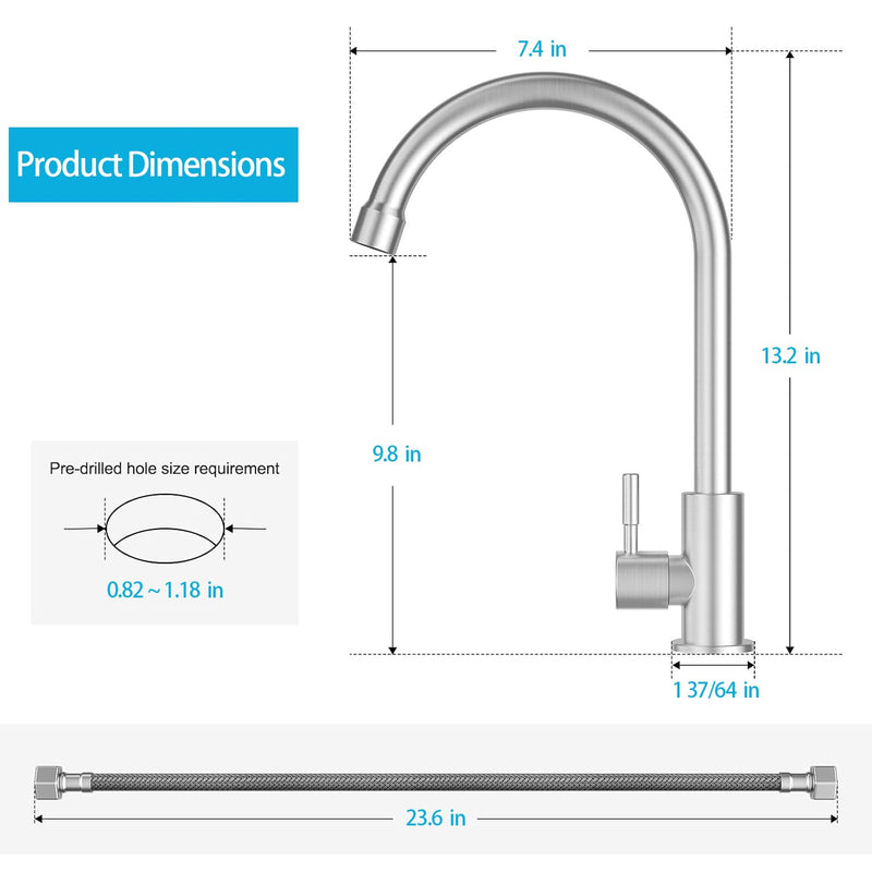 Cold Only Bar Sink Faucet, SUS304 Stainless Steel Cold Water Only Kitchen Faucet Single Handle Faucet for Outdoor Sink Brushed Nickel