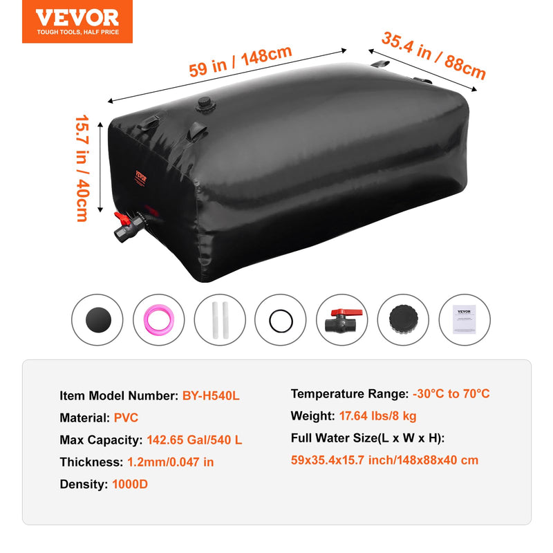 VEVOR 540L/142.7 Gallon Water Storage Bladder, RV Water Tank, 1000D PVC Collapsible Water Storage Containers, Large Capacity Soft Water Bag, Portable Water Bladder,Camping, Emergency Water Supply Black
